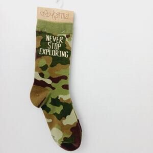 Women Boy Sock Crew Karma Never Stop Exploring Camo Camouflage Cotton NWT NEW